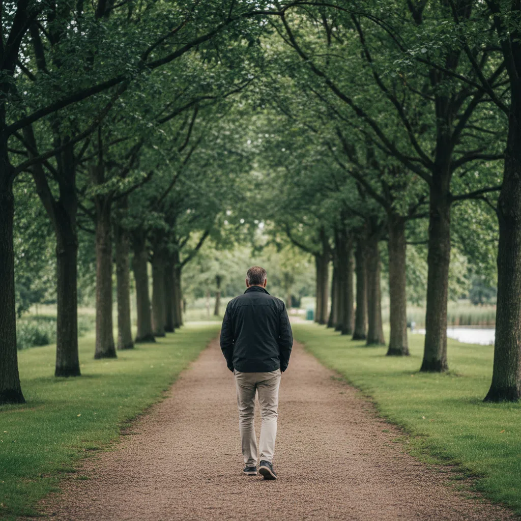 Anonieme man van achter, wandelt in een groen park